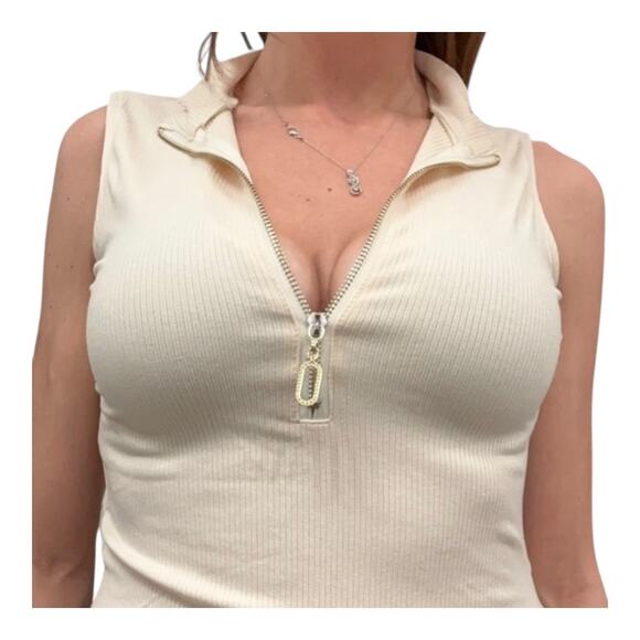 LIZETTE COLLECTION XL beige ribbed sleeveless bodysuit zip front mock neck nwt - Picture 3 of 7